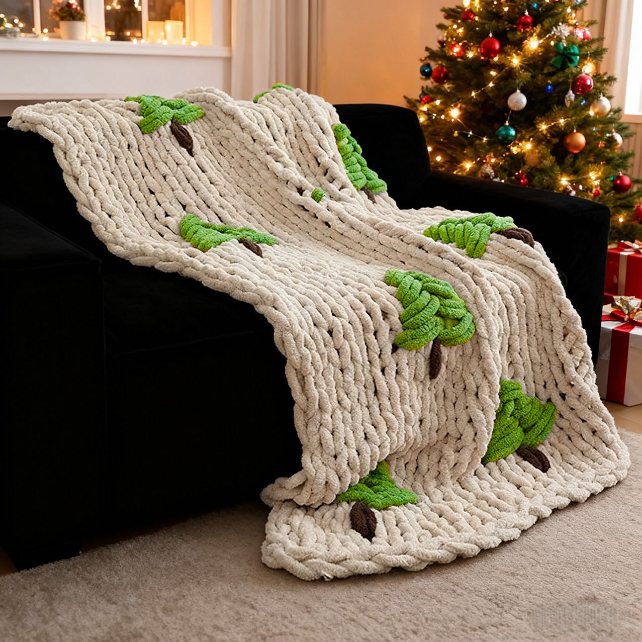 Throw Blanket Chunky Knit - El örgüsü yatak örtüsü Noel ağacı