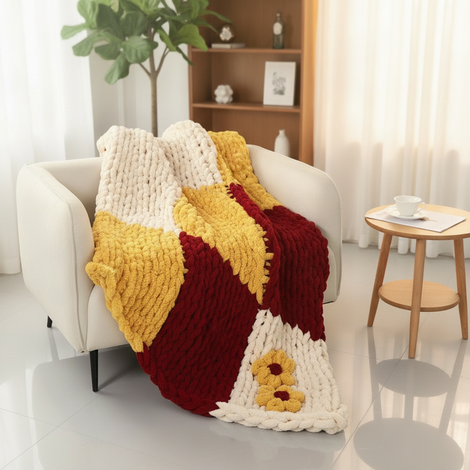 Throw Blanket Chunky Knit - Kalın Örgü Battaniye Çiçek Aplikeli Yumuşak