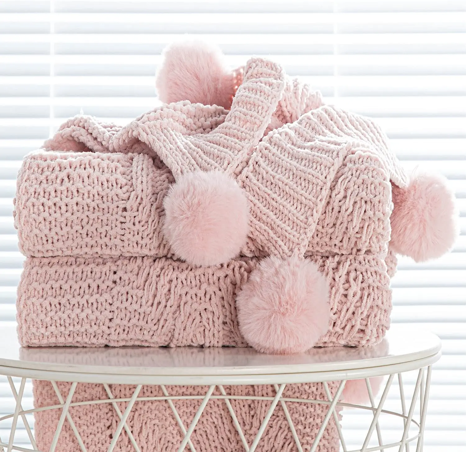 Throw Blanket Chunky Knit - Ponponlu Lüks Kalın Örgü Battaniye -